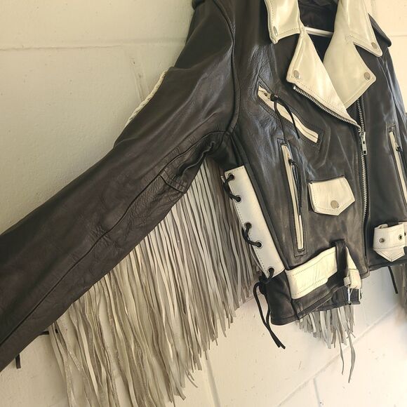 VTG Leather King Black & White Fringe Moto Jacket Braided Western Biker Women XL - Picture 9 of 16